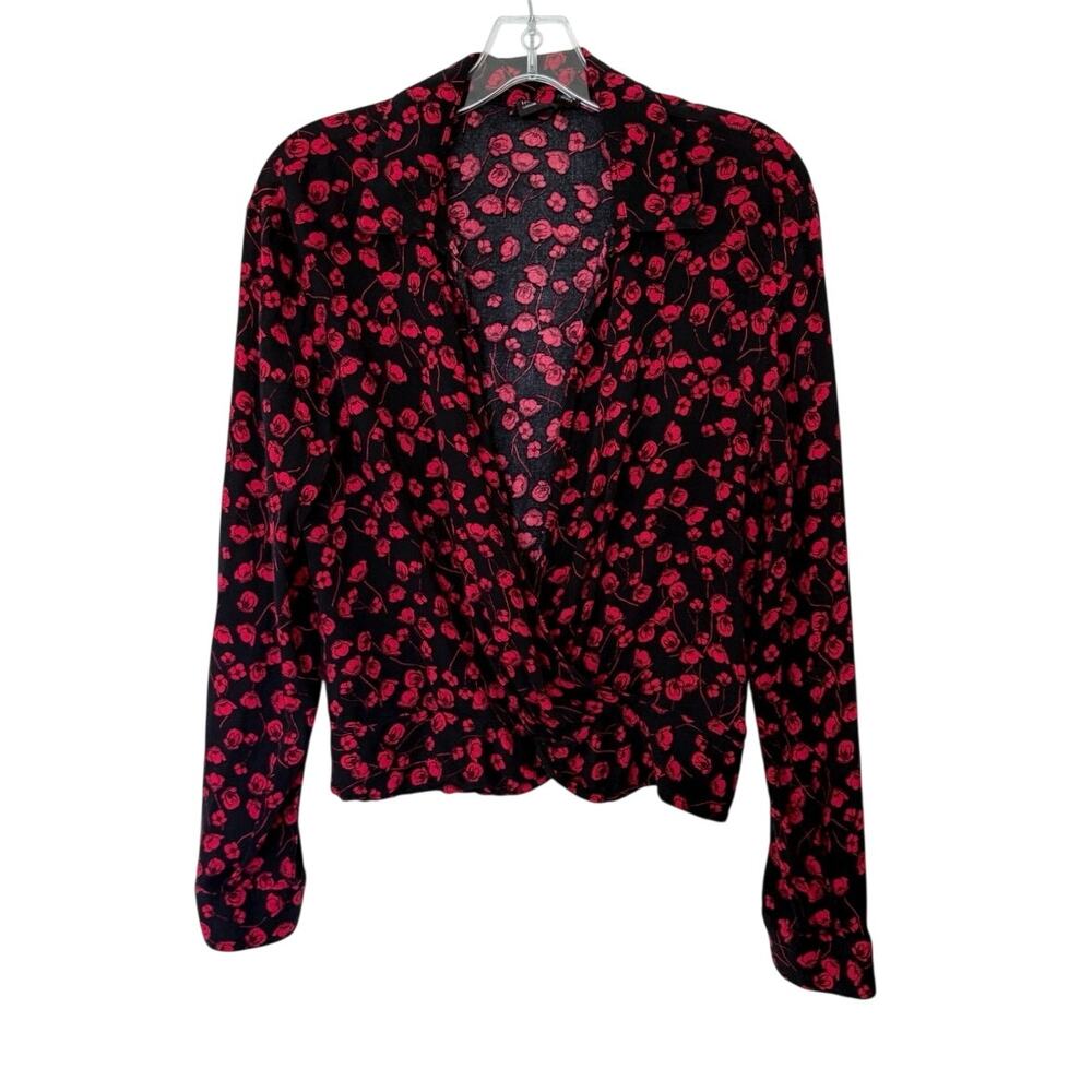 Free Press Y2k Wrap Top Long Sleeve Blouse Floral Print Size Medium Black Red